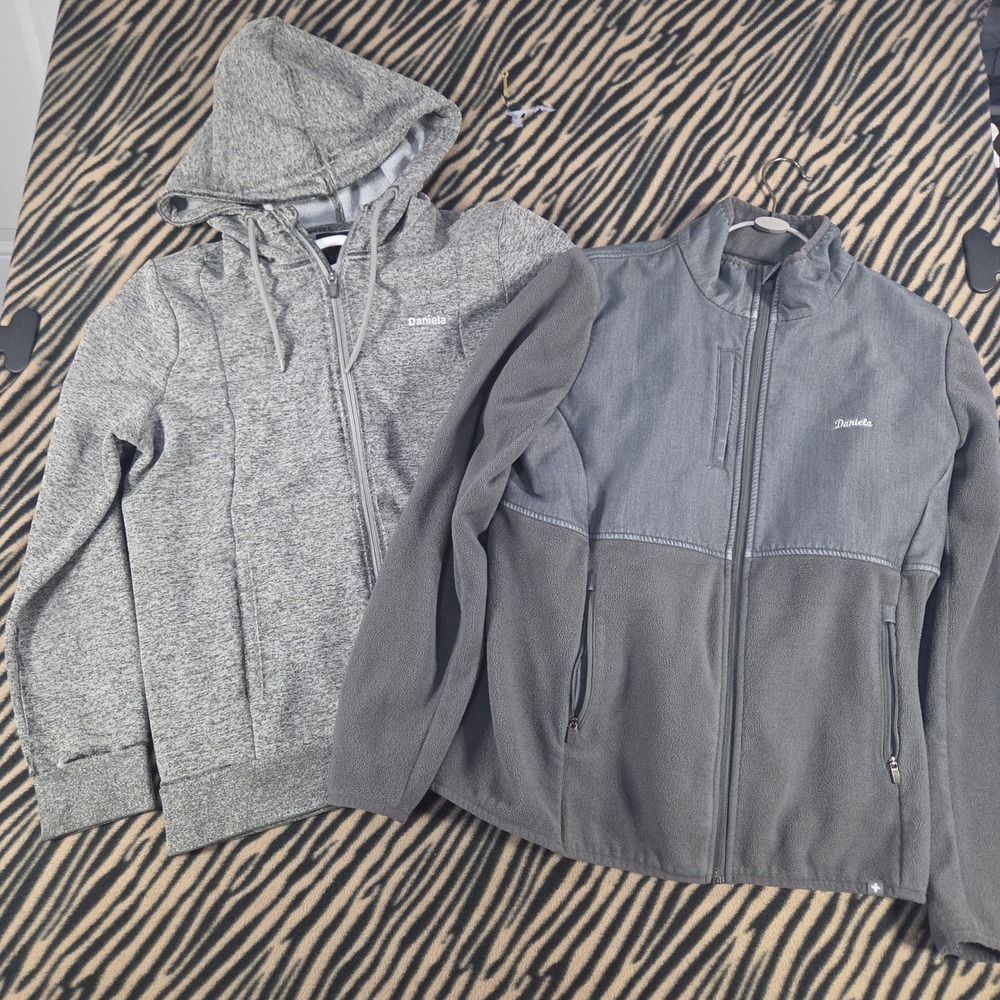 FIGS 2 Pc Bundle Womens Size M Charcoal Fleece Jacket & Heather Zip Hoodie Gray